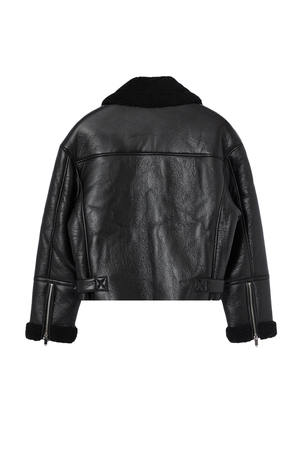 Siyah Regular Kalıp Peluş Detaylı Suni Deri Biker Ceket Mont TWOAW24MO00279 - 13