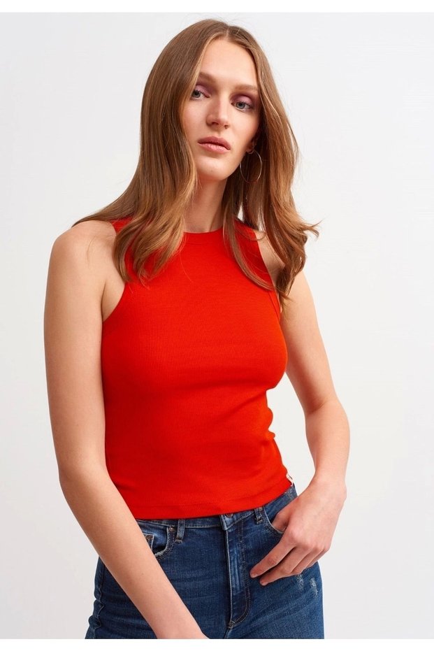 Women's Red Ribbed T-shirt Halter Neck Knitted Tank Top