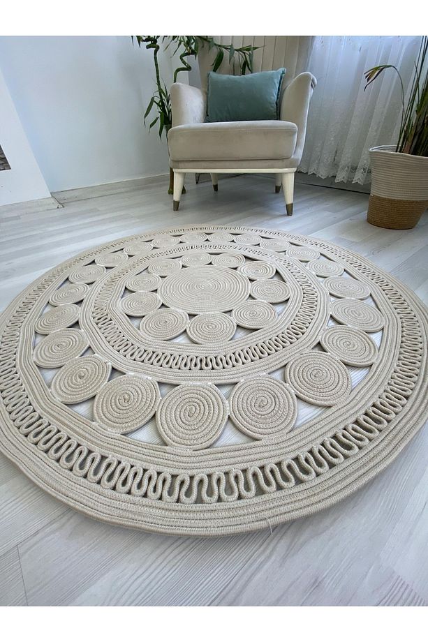 hasır jüt görünümlü Desenli Modern El Örgüsü daire Halı Kilim - 4
