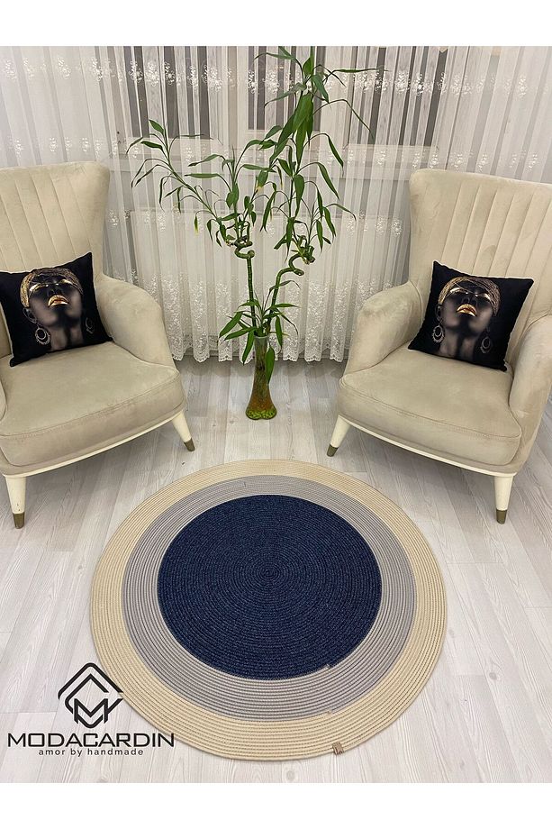 hasır jüt görünümlü Desenli Modern El Örgüsü daire Halı Kilim - 3