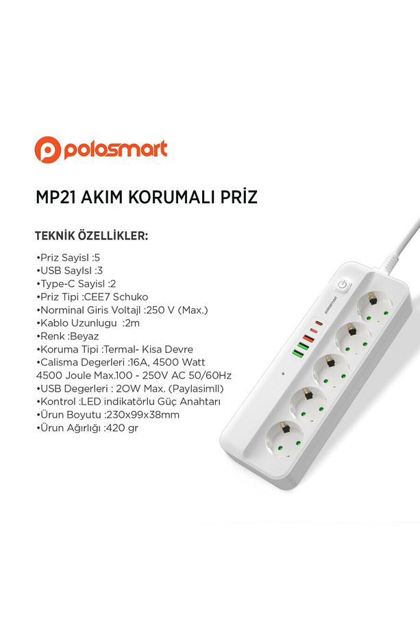 MP21 Akım Korumalı 5'li Priz 3 USB 2 Typc-C - 3