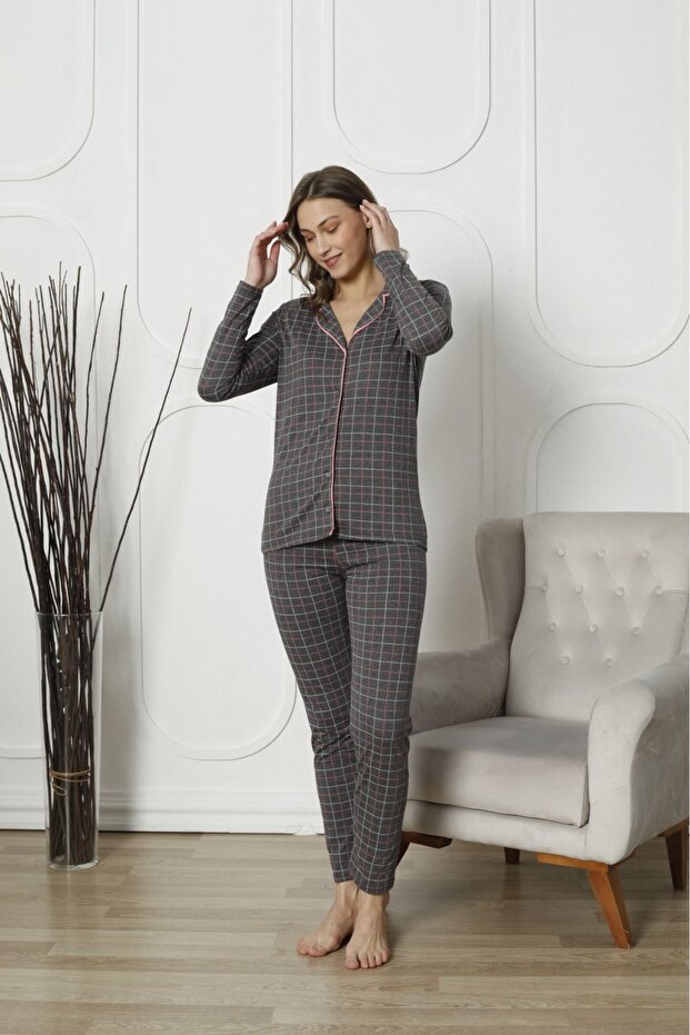 Women's Buttoned Anthracite Color Pajama Set