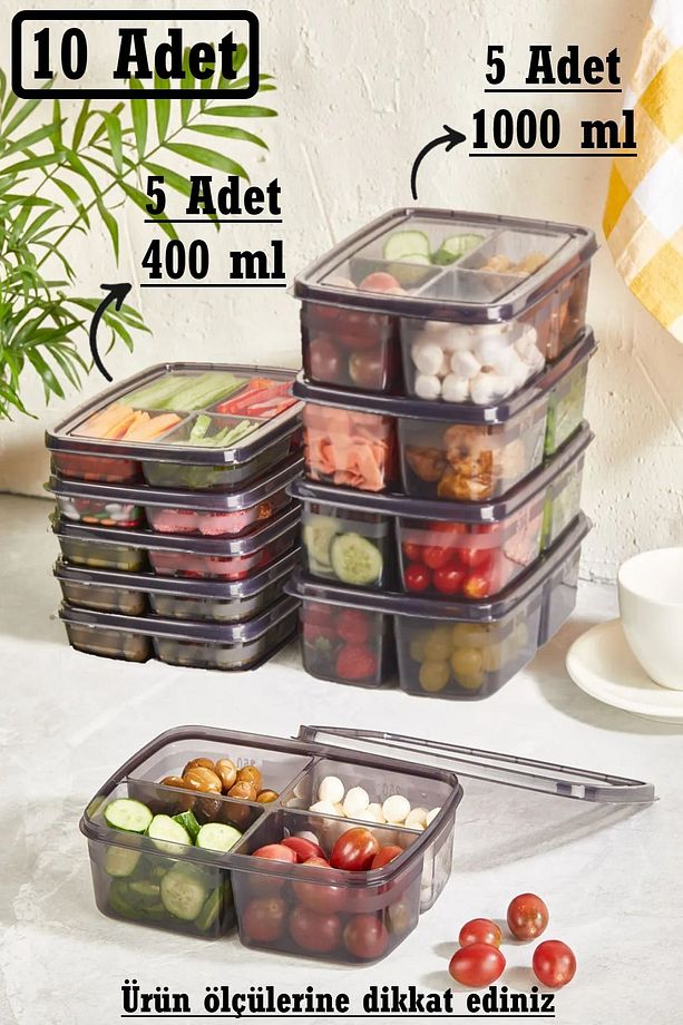 Füme 10 Adet 2 Boy 5 5 Bölmeli Saklama Kabı Seti (5 Adet 400 ml 5 Adet 1000 ml ) Buzluk Düzenleyici - 1