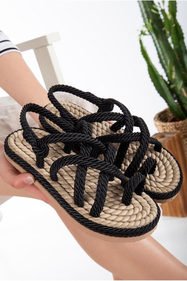 Unisex Hasır Siyah Halat Yüksek Taban Sandalet - 5