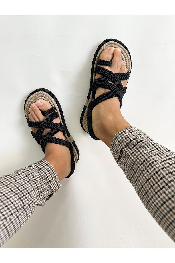 Unisex Hasır Siyah Halat Yüksek Taban Sandalet - 7