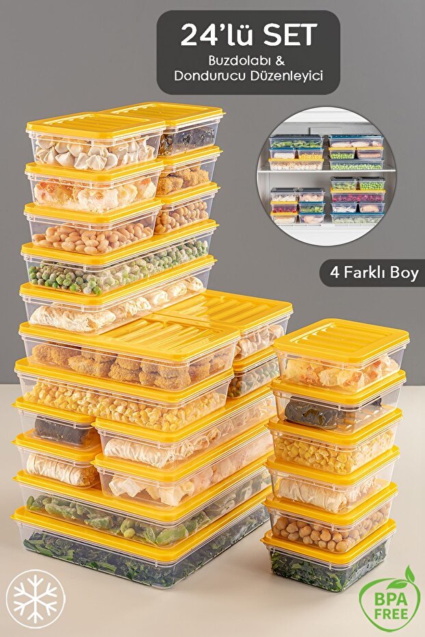 24 Parça Saklama Kabı , Mikrodalga Uyumlu Saklama Kabı 2x2400Ml 4x1200Ml 6x1170Ml 12x600Ml Sarı - 1