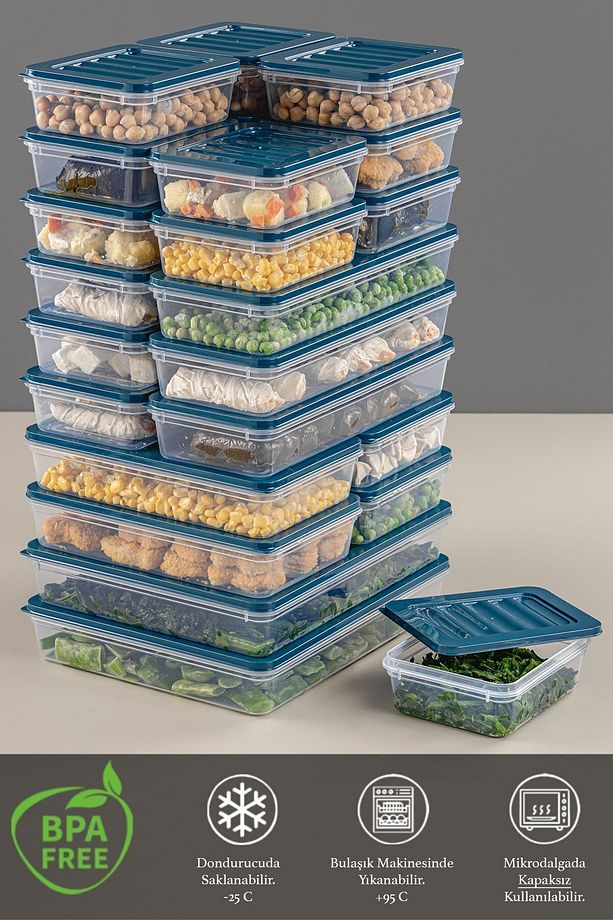 24 Parça Saklama Kabı , Mikrodalga Uyumlu Saklama Kabı 2x2400Ml 4x1200Ml 6x1170Ml 12x600Ml Petrol - 3