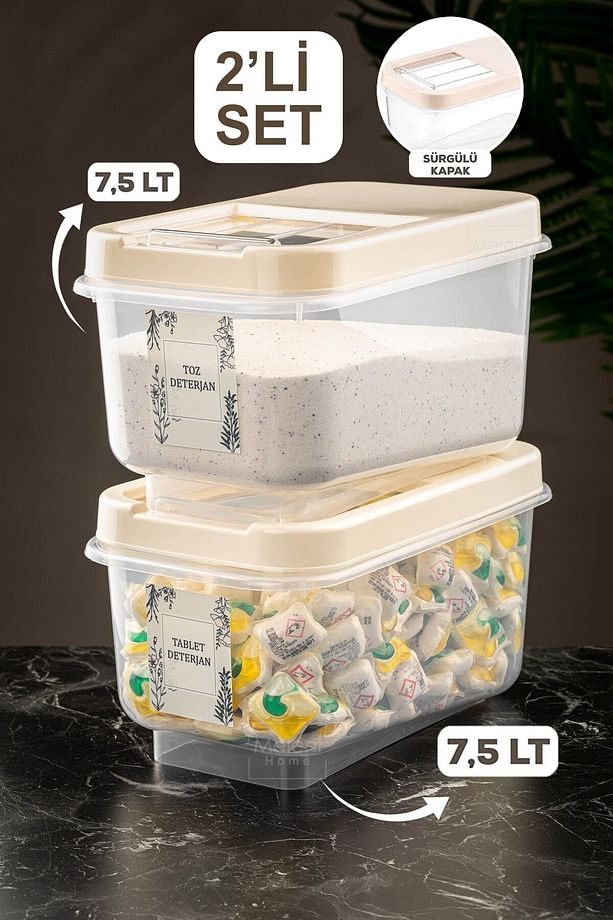 2'li Etiketli 7,5 lt Kayar Kapaklı Deterjan Saklama Kabı Tablet Deterjan Saklama Kutusu Krem - 1
