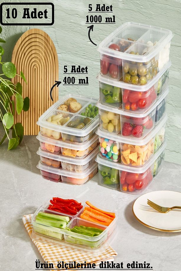 10 Adet 2 Boy Şeffaf Bölmeli Saklama Kabı Seti 5+5 (5 ADET 400 ML) (5 ADET 1000 ML) Buzluk Kabı - 1