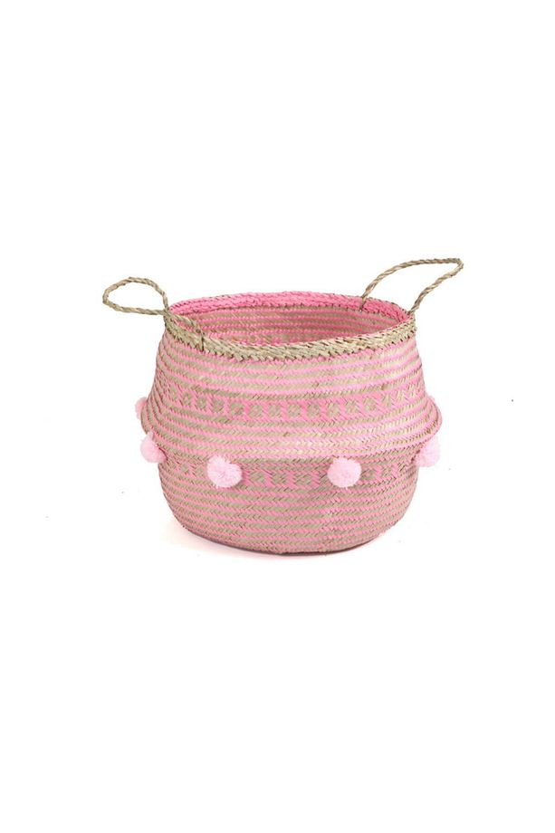 Katlanabilir Hasır Mini Ponponlu Sepet Pembe - 1