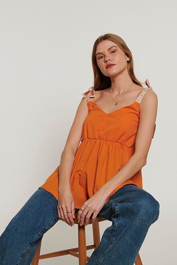 Lace Askılı Bluz - Oranj - 4
