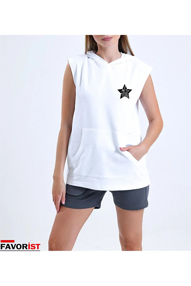 Star Printed Unisex Zero Sleeve Tshi̇rt Hooded Sportswear