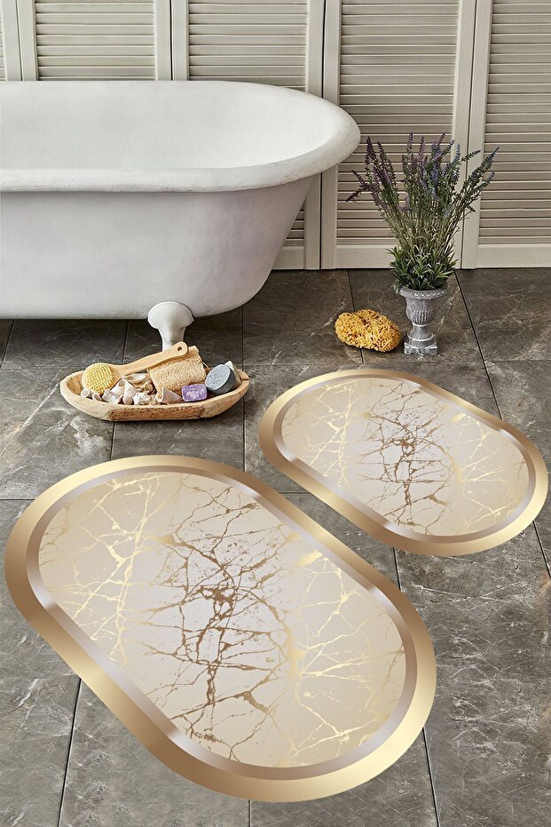 Non-Slip Base Washable Dust Stain Resistant 2-Piece Oval Toilet Bathroom Mat Set