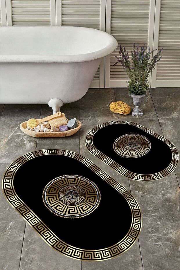 Non-Slip Base Washable Dust Stain Resistant 2-Piece Oval Toilet Bathroom Mat Set