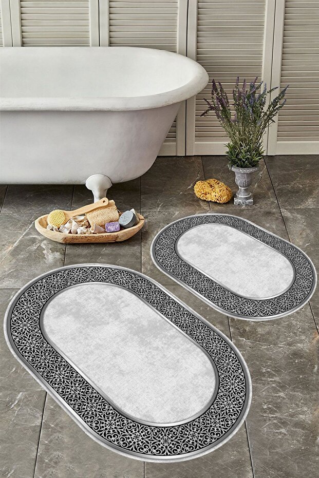 Non-Slip Base Washable Dust Stain Resistant 2-Piece Oval Toilet Bathroom Mat Set