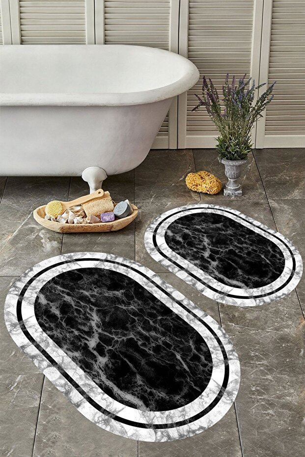Non-Slip Base Washable Dust Stain Resistant 2-Piece Oval Toilet Bathroom Mat Set