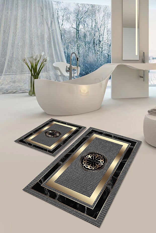 Non-Slip Sole Washable Dust Stain Resistant 2-Piece Set Toilet Bathroom Mat Set