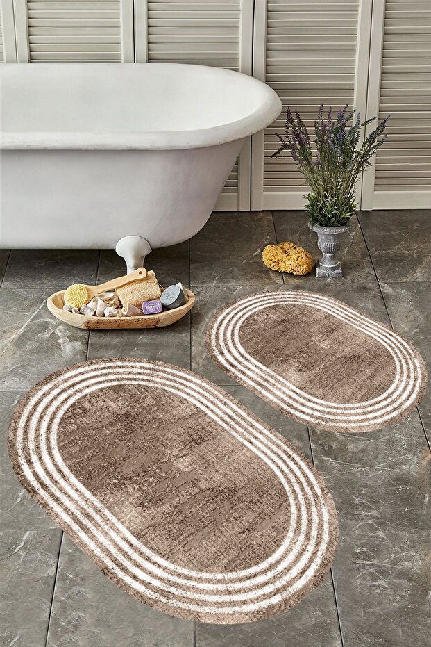 Non-Slip Base Washable Dust Stain Resistant 2-Piece Oval Toilet Bathroom Mat Set