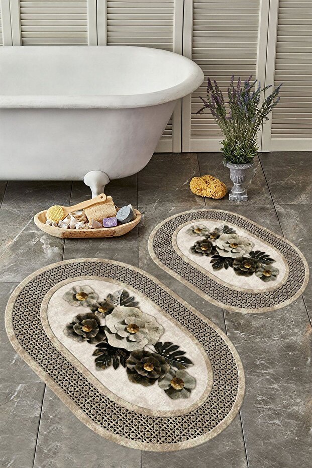 Non-Slip Base Washable Dust Stain Resistant 2-Piece Oval Toilet Bathroom Mat Set