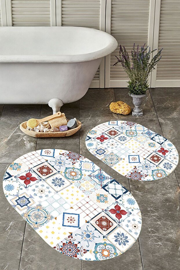 Non-Slip Base Washable Dust Stain Resistant 2-Piece Oval Toilet Bathroom Mat Set