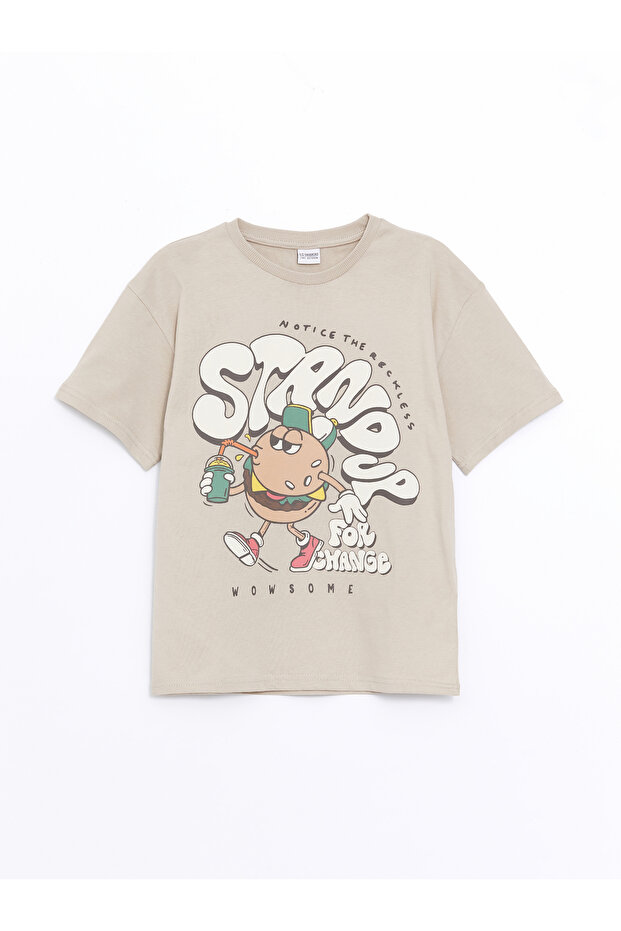 Kids Beige Oversize Crew Neck Boys T-Shirt