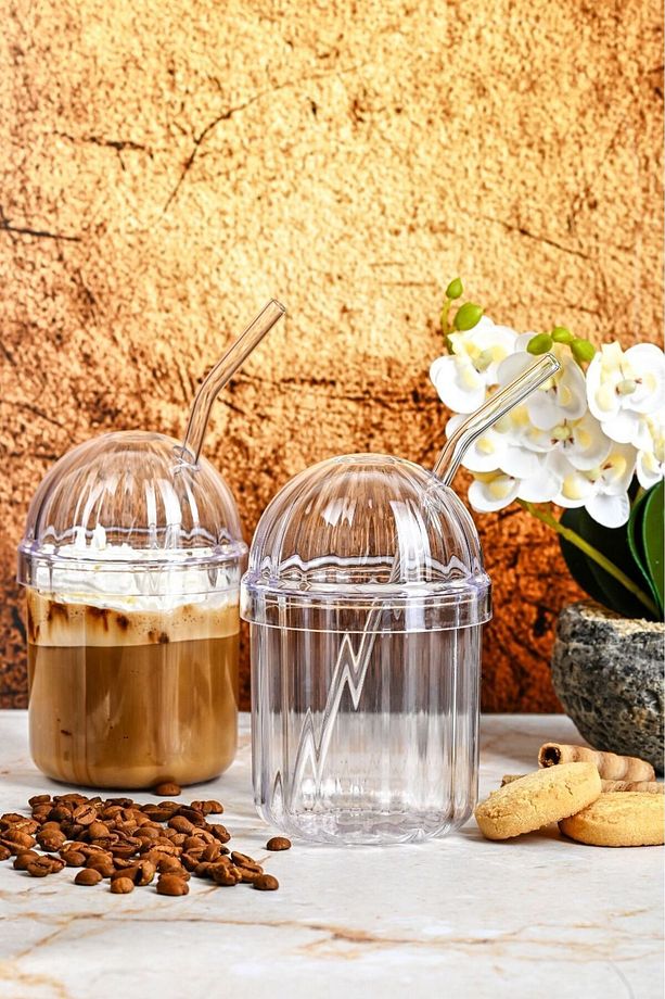 2'li Soğuk Kahve Bardağı Kubbe Model Pipetli 430ML Mika plastik Kahve Sunum Bardağı - 1