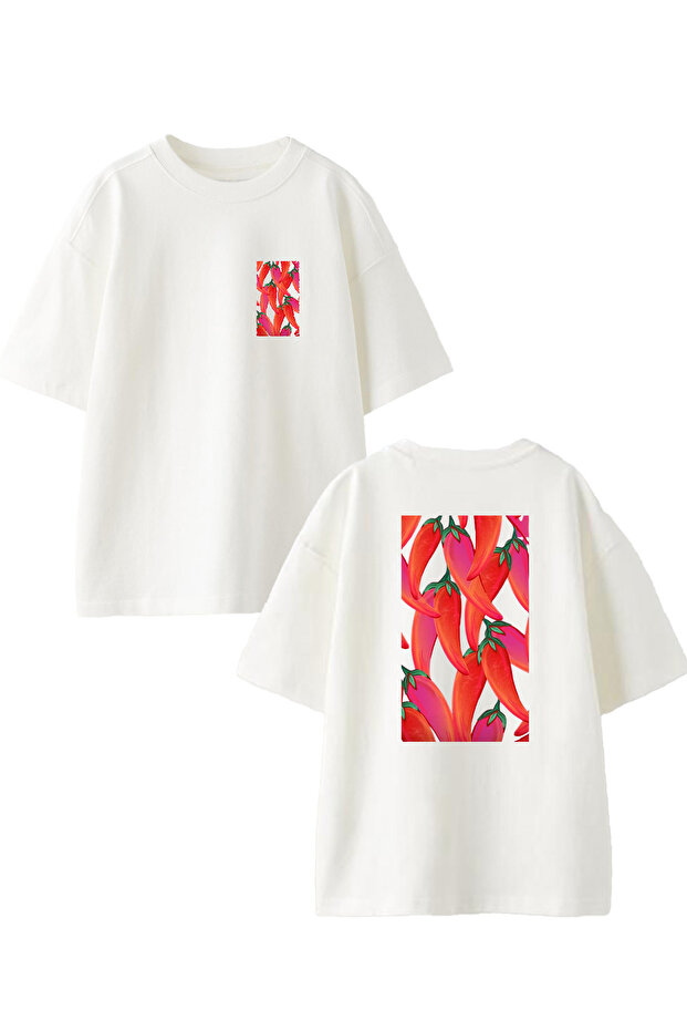 WhiTe Oversize CoTTon T-shirt - Red Peppers PrinTed, Unisex
