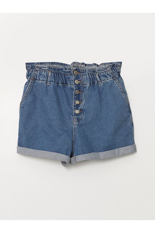 Kadın Beli Lastikli Düz Jean Şort - 5