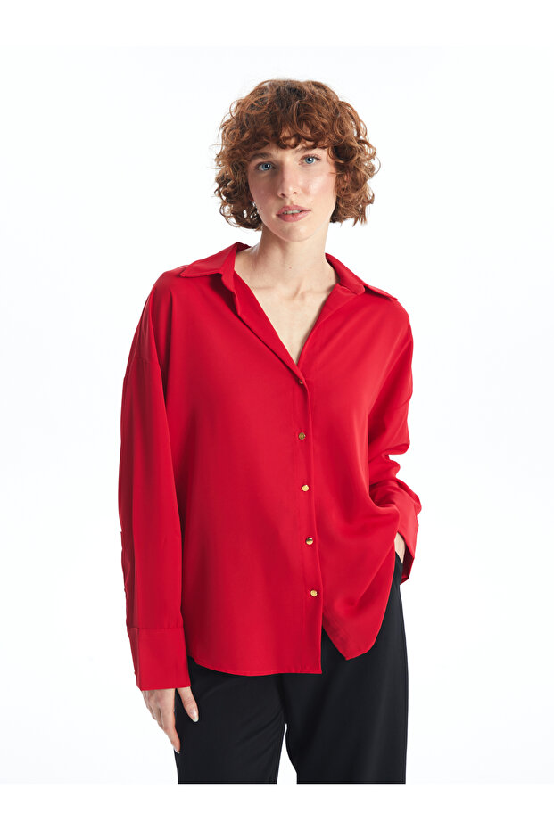 Lcw Vision Red Plain Long Sleeve Oversize Women's Shirt (S4)