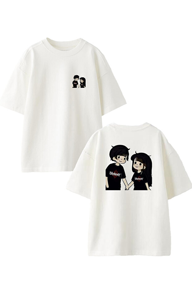 WhiTe Oversize CoTTon SlipknoT Unisex T-shirt - Pair FronT Back PrinTed