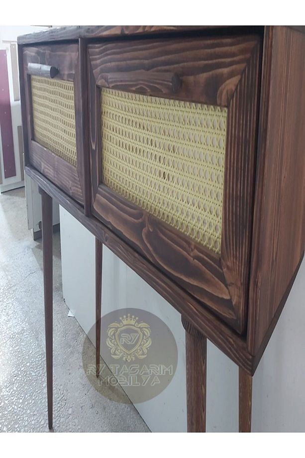 Ahşap Hasır Desenli Hazeran Çift Çekmeceli Dresuar Konsol ceviz boyalı - 1