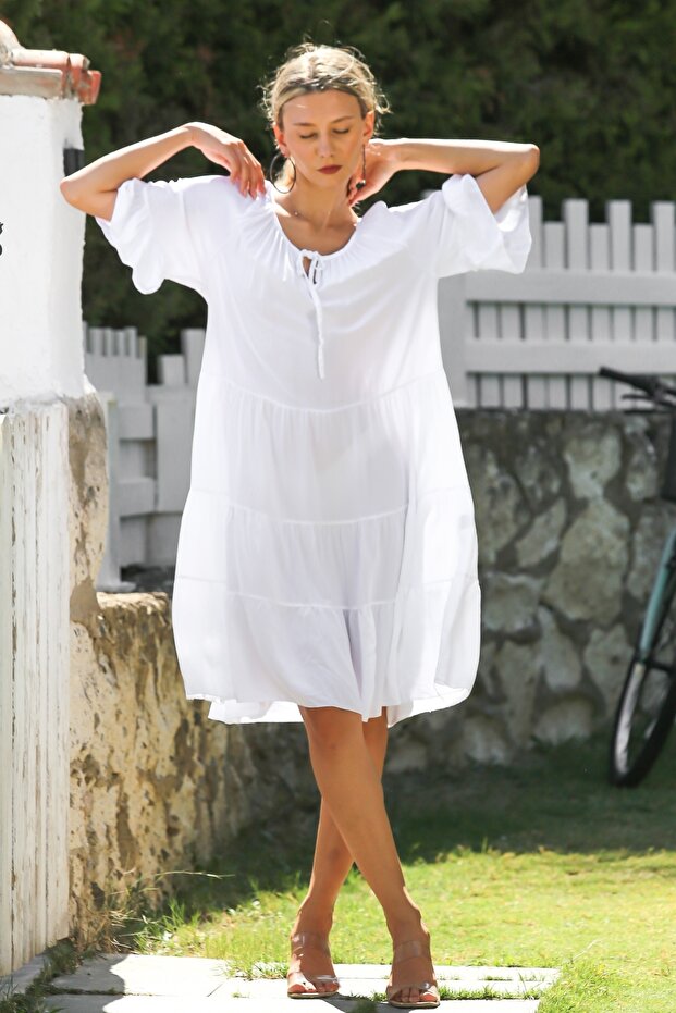 Italian White Pool Collar Ruffle Sleeve Skirt Ruffle Woven Casual Dress