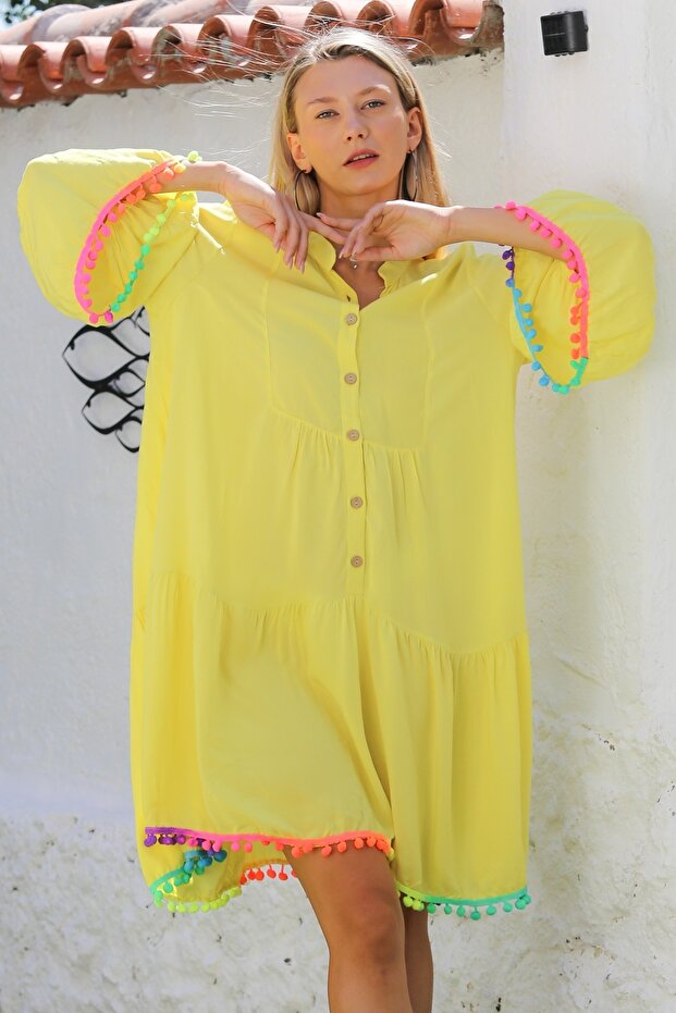 Yellow Hakim Collar Ruffle Sleeve Buttoned Skirt Ruffle Pompom Woven Casual Dress