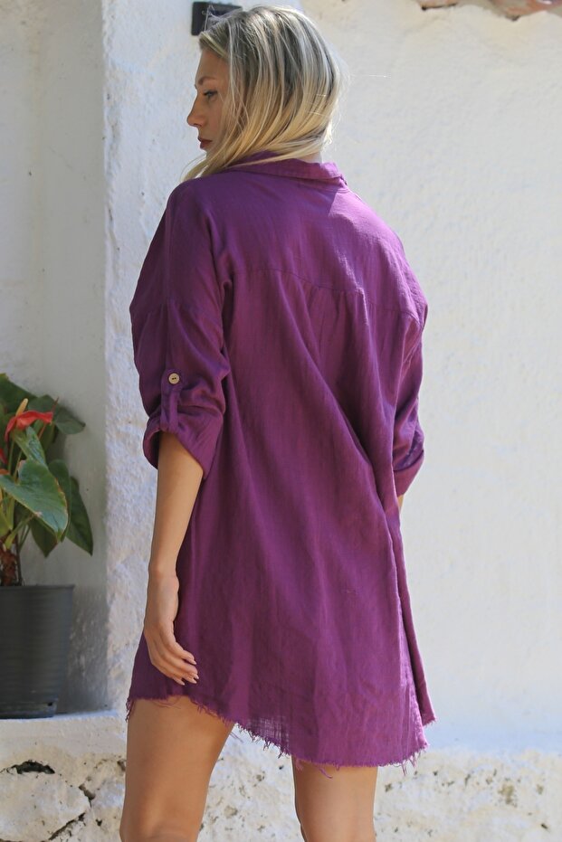 Cămașă mov din bumbac - Cămașă casual lavabilă cu nasturi cu rever, mâneci lungi și buzunare - 8