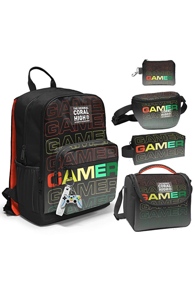 Five-Piece Primary/Secondary School Bag Set - Black Gray Gamer - Boy