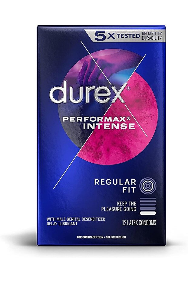 Performax Intense Natural Rubber Latex Condoms Regular Fit 12 Count Contains Desensitizing Lub - 1