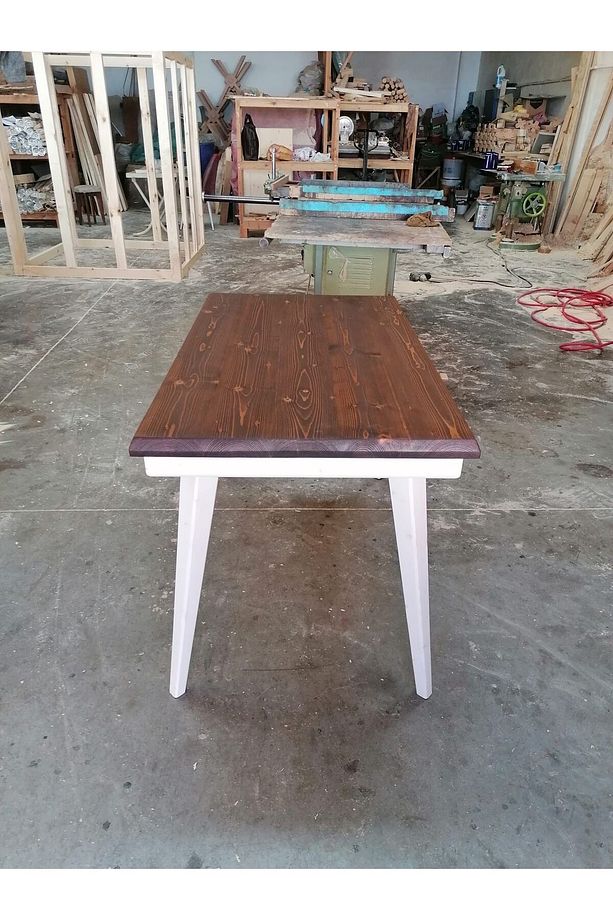 Kare Konik Ayaklı Masif Ahşap Kütük Masa, 120x70 cm, Çalışma-Yemek-Mutfak-Kafe Masası - 3