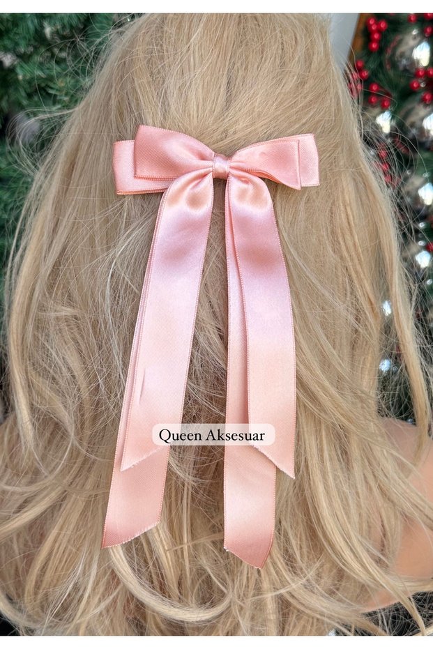Trend Fashion Design Layered Satin Long Pendant Bow Automatic Clip Buckle Powder Pink