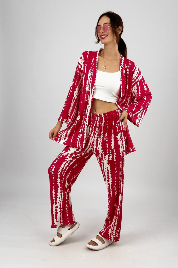 Women's Lycra Wrinkled Fabric Loose Wide Leg Palazzo Trousers Summer 2-Piece Top and Bottom Set Fuchsia