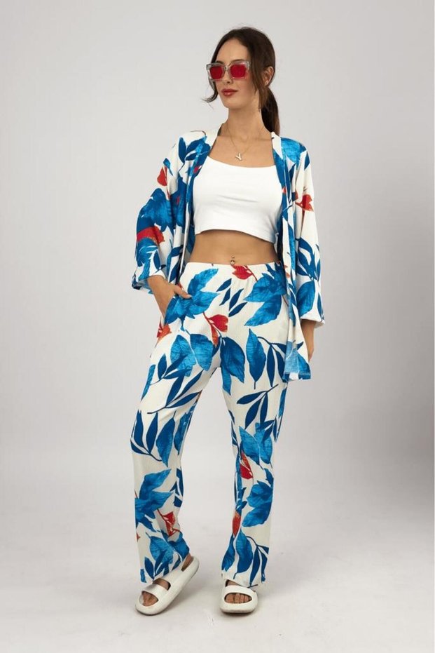 Women's Patterned Lycra Stretchy Wrinkled Fabric Loose Draped Wide Leg Palazzo Trousers Summer 2-Piece Bottom-Base Set