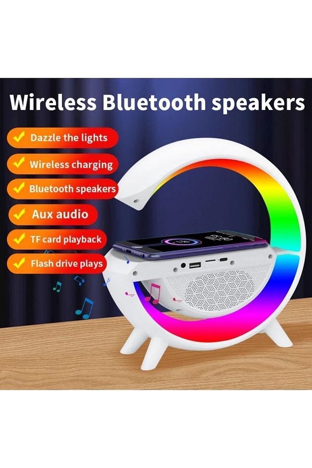 Kablosuz Şarj Özellikli Modern Saat Bluetooth Hoparlör Gece Masa Lambası Çok Fonksiyonlu Atmosferik - 7