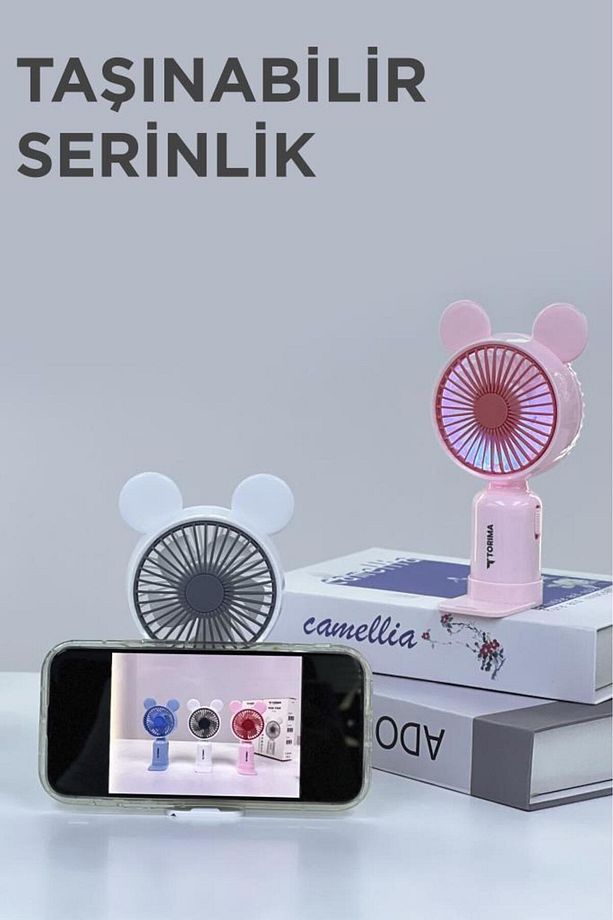F-12 Pembe Mini Taşınabilir Fan Şarjlı 2 Kademeli Ledli Ayıcık Kulak Vantilatör Klima Soğutuc - 4