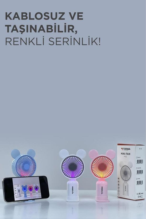F-12 Pembe Mini Taşınabilir Fan Şarjlı 2 Kademeli Ledli Ayıcık Kulak Vantilatör Klima Soğutuc - 7