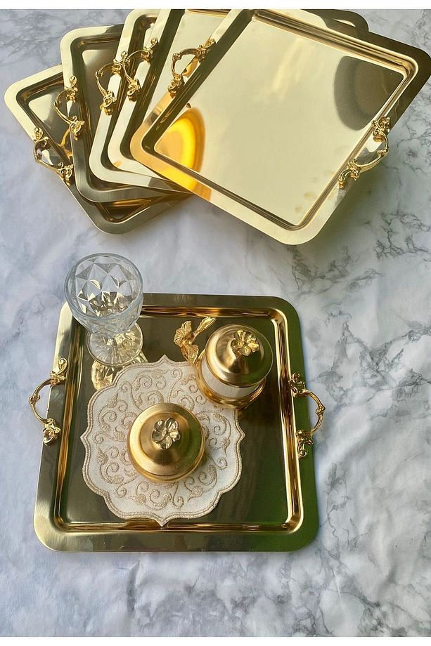 6 Adet Gold Kare KULPLU Lüx Paslanmaz Çelik Kahve Servis Sunum Tepsi & Tabağı (21X21CM) - 1