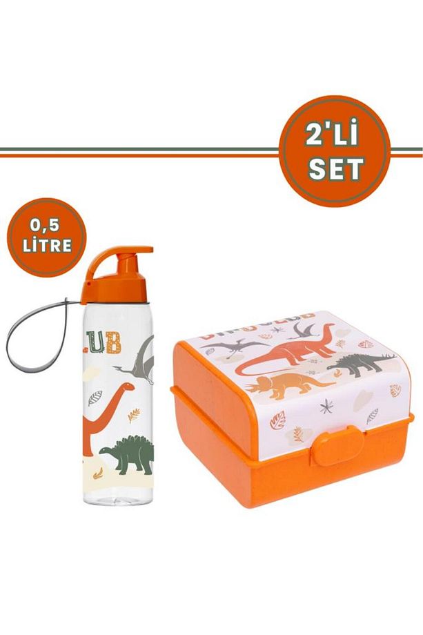 Flosoft Dino Club Matara ve Beslenme Kutusu, Desenli 3 Bölmeli Okul Beslenme Kabı ve Suluğu 2’li Set - 1