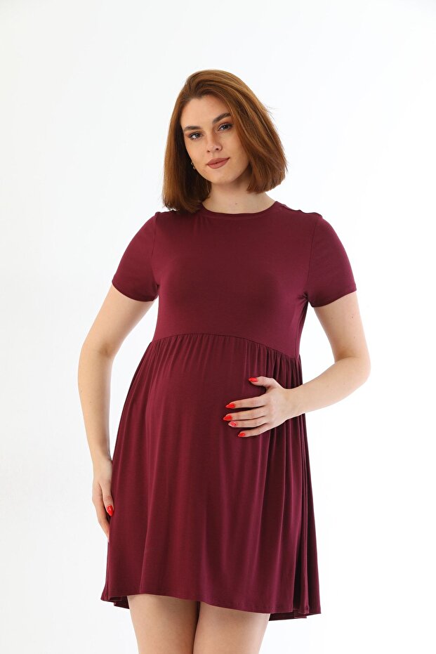 Bordo Hamile Esnek Yumuşak Kumaş Elbise - 4