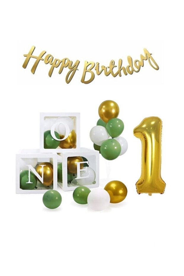 1 Year Old Birthday Concept One Happy Birthday Set Balloon Box Pennant 1 Foil Balloon