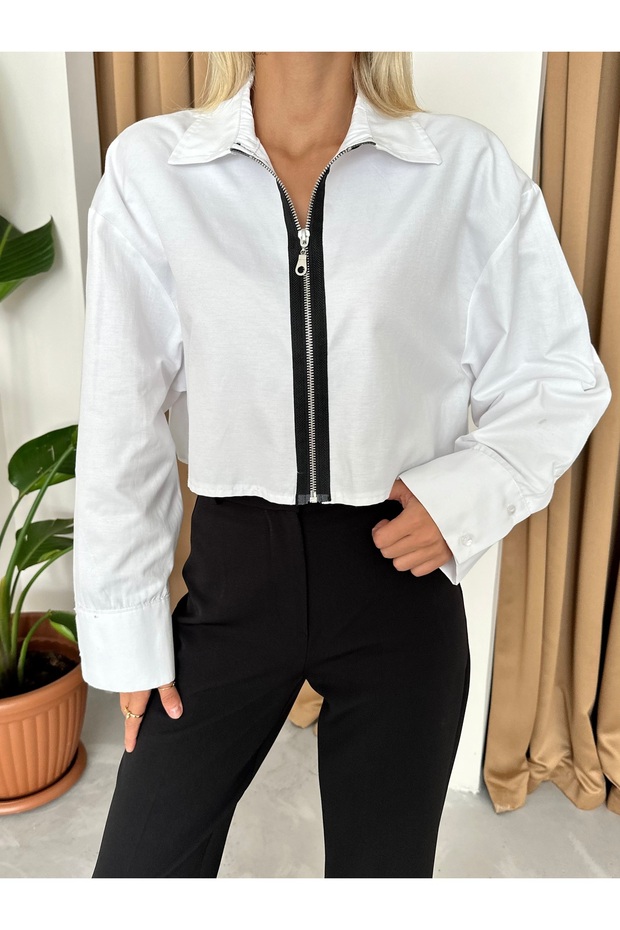 Black Zippered Striped White Shirt