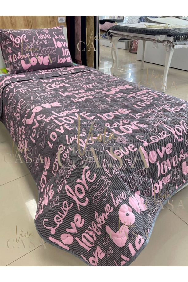 Tek Kişilik Kapitone Yatak Örtüsü Love Gri - 1