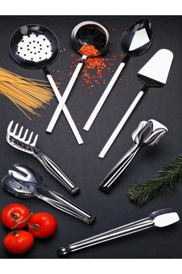 8 Pieces Stainless Steel Serving Tongs Set Grill Salad Pasta Pastry Ladle Colander Serving Spoon